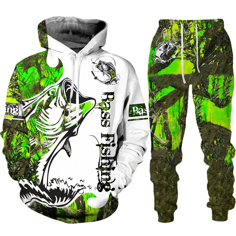 Pêche 3D imprimé sweat à capuche pantalon ensembles hommes Streetwear décontracté sweats à capuche pantalons de survêtement deux pièces costume homme survêtement vêtements