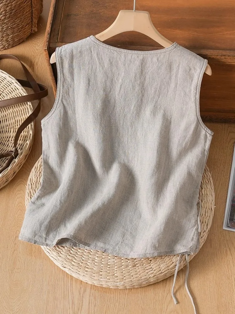 中国風ヴィンテージ綿麻ベスト レディース 夏 シンプル 薄手 スリムトップ ボタンタイ バルクロージング