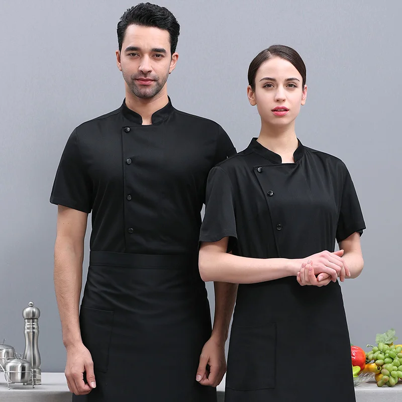 Oddychająca letnia bluza kucharska z fartuchem, odzież kelnerska do restauracji, unisex, krótki rękaw, uniform piekarza, uniform hotelowy.