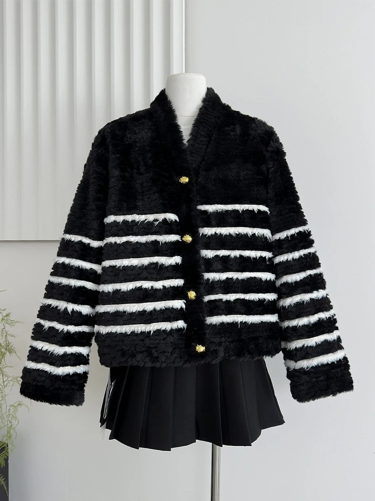 Winter Women Old Money 2000s Vintage Oversize Gothic Lambs Wool Jacket Grunge Outwear Japanese Y2k Teddy Coat Thick Striped Warm