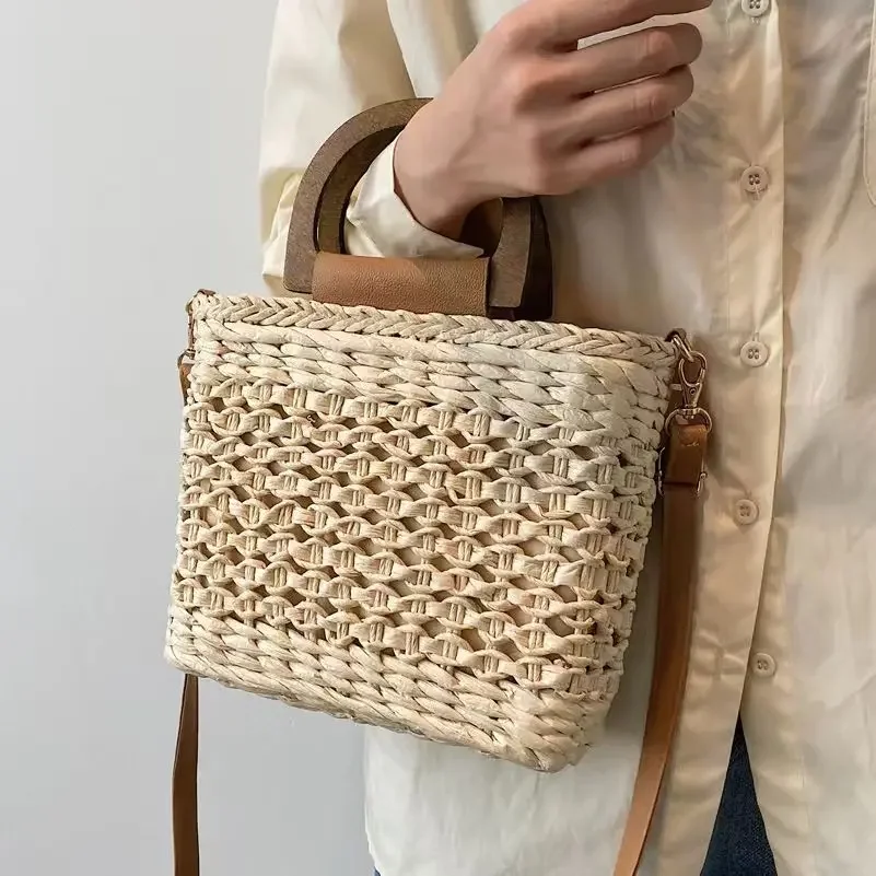 Straw Basket Laffia Bag for Women, Crossbody Mesh, Holiday, Leisure, Vacation, with Inner Zipper