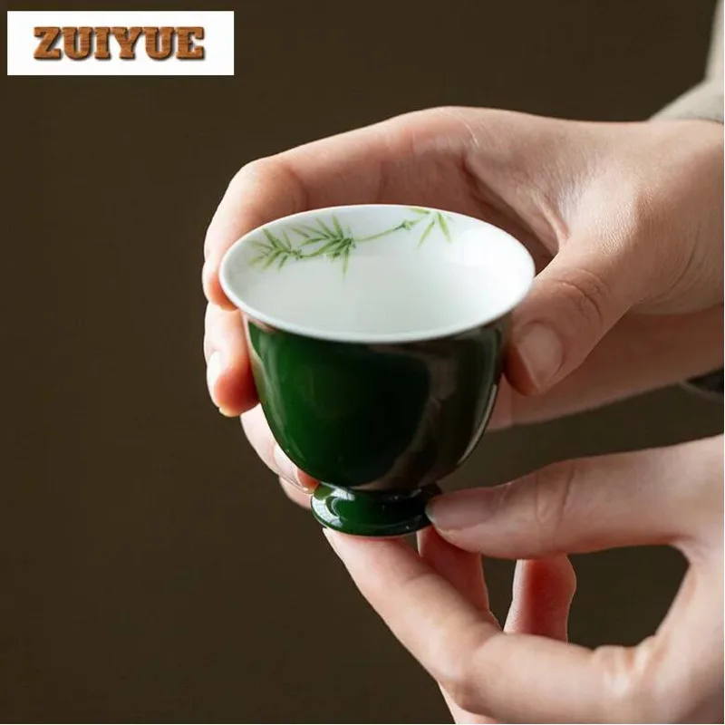 

2pc/lot Ink Green Hand Drawn Bamboo High Foot Teacup Ancient Tea Bowl Mug Tea-tasting Personal Cup Chazhan Master Cups Tea 55ml