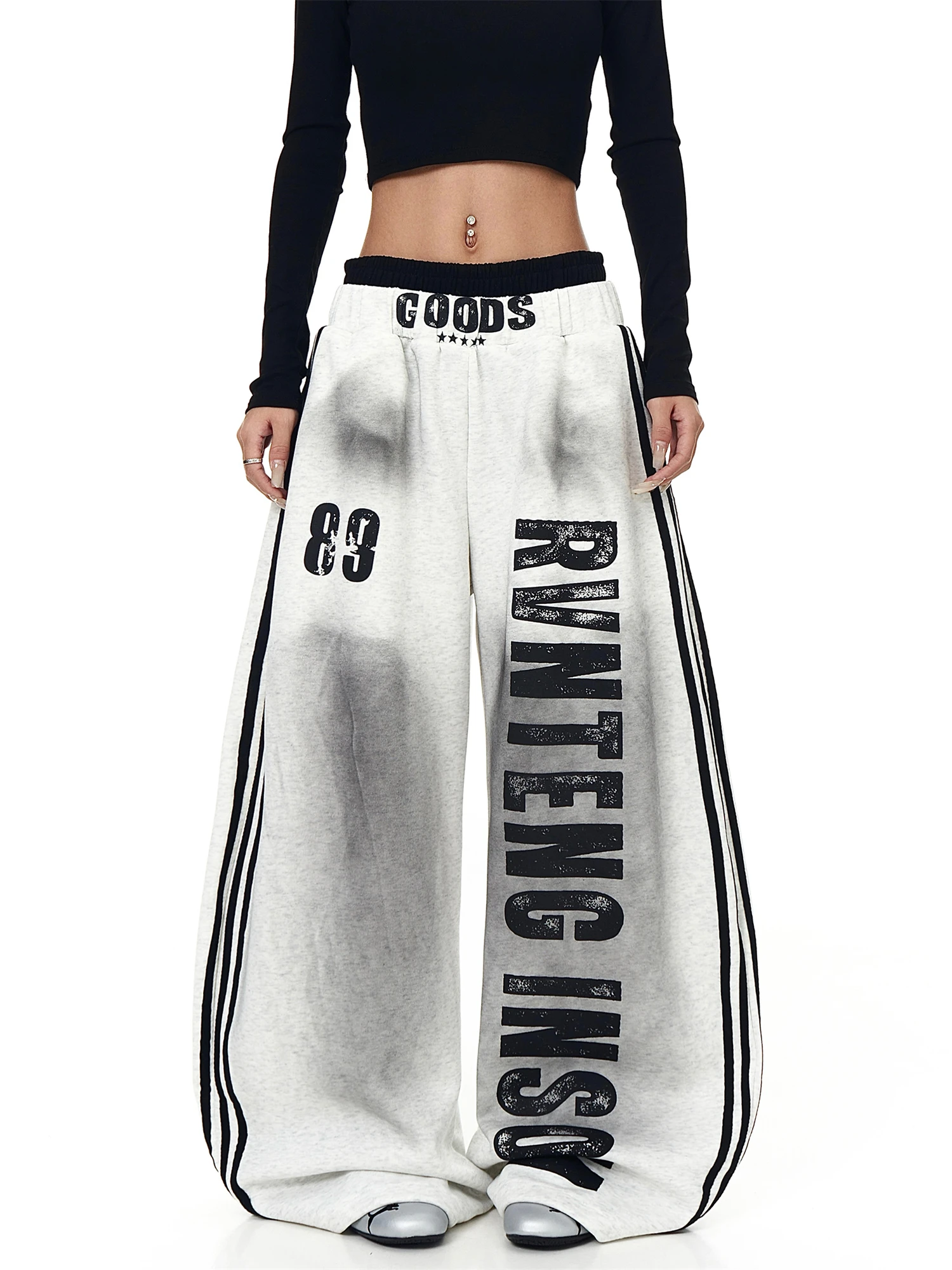Women's Y2K Baggy Sweatpants with Big Letter Print Side Stripes Streetwear Loose Wide Leg Trousers Casual Hip Hop Fashion Pants