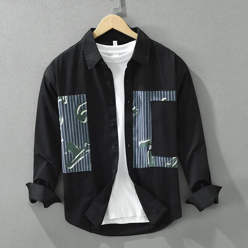 

Весенне-летняя черная мужская рубашка с длинным рукавом из чистого хлопка, новинка среди рубашек, японская уличная мода, рубашка с полосками, молодежный топ