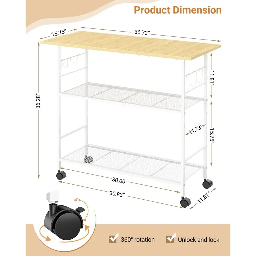 3段棚付きアイランド、6つのフックと保護棚付きの移動式キッチンカート、ロック可能な車輪付き電子レンジスタンド、ベーカーズラックC