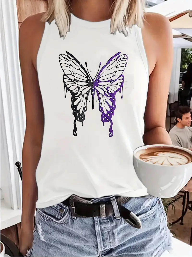 Shirt Butterfly Animal Print Vest T-shirt Tshirt Sexy Tank Top Women’s Sleeveless Crew Neck
