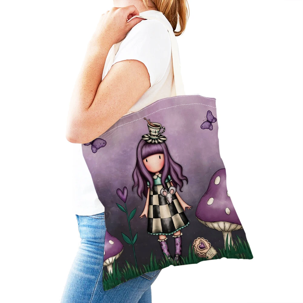 สาวการ์ตูนน่ารักพิมพ์คู่Reusable Eco Canvasกระเป๋านักช้อปกระเป๋าถือTote Casual Fairy Tale Worldน่ารักเด็กถุงช้อปปิ้ง