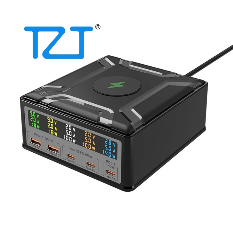 

TZT 260 Вт GaN Зарядное устройство 6-в-1 USB Быстрое зарядное устройство Беспроводное зарядное устройство для телефона поддерживает QC 3.0 и PD3.1