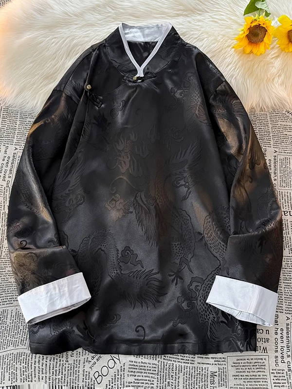 

Men's Spring Jaet T Coat Dragon Pattern Embroidery Drapey Stand Collar Retro Sle Long Sve Chinese Sle Outerwear