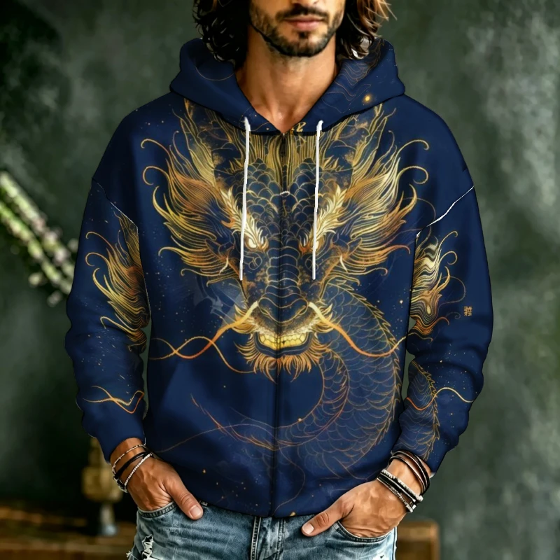 Men Full Zip Hoodie Traditional Chinese Dragon Graphic Print Long Sleeve Drawstring Hooded Sweatshirt With Pockets Loose Casual