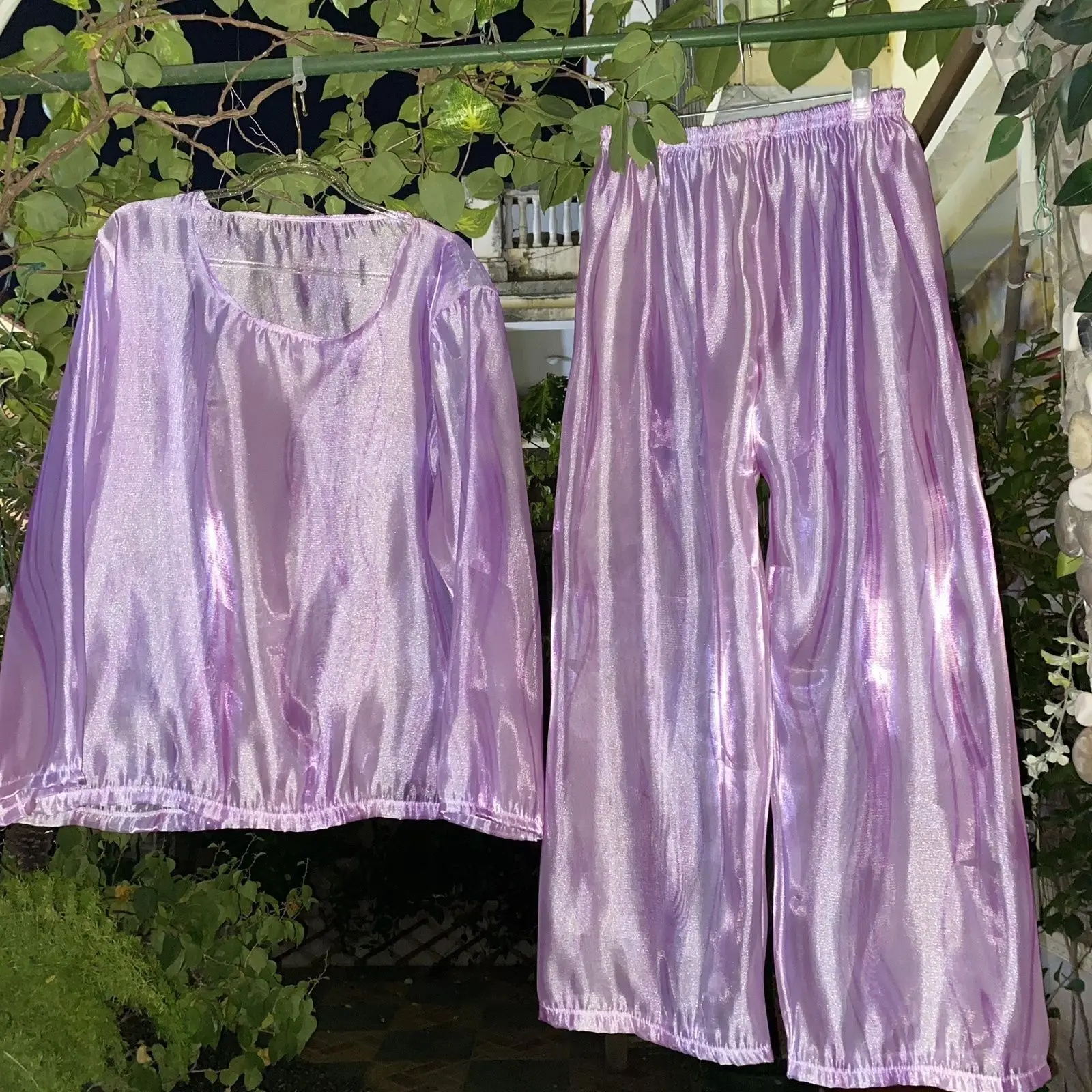 

Unisex Long Sleeve Glossy Liquid Water Gauze Organza 2 Pieces Set Sleeping Plus Size Top Pants