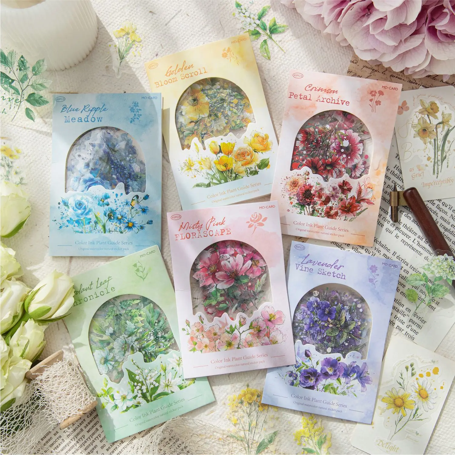 40 Stück/Packung Farbige Tinten-Pflanzen-Illustrationen PET-Aufkleber-Set, Frische Blumen- und Pflanzen-Dekor-Sticker für Tagebücher und Scrapbooks