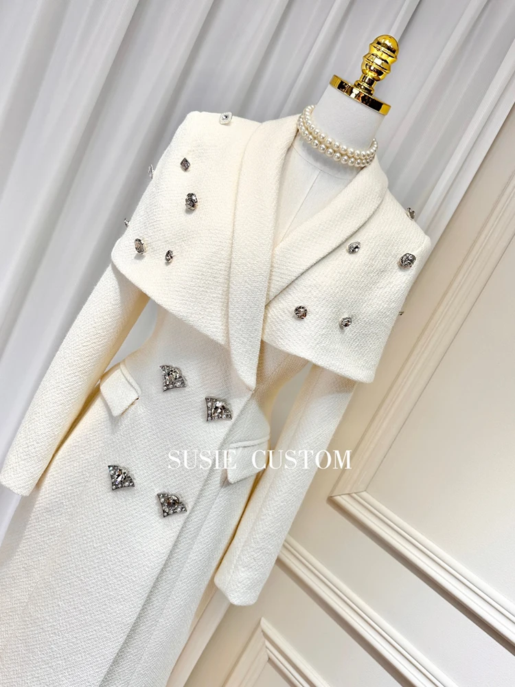 DEAT Spliced Beading Women Lapel Cashmere Coat Slim Full Sleeve Elegant Thick Warm Chic Style Medium Long Spring New 15KB5947