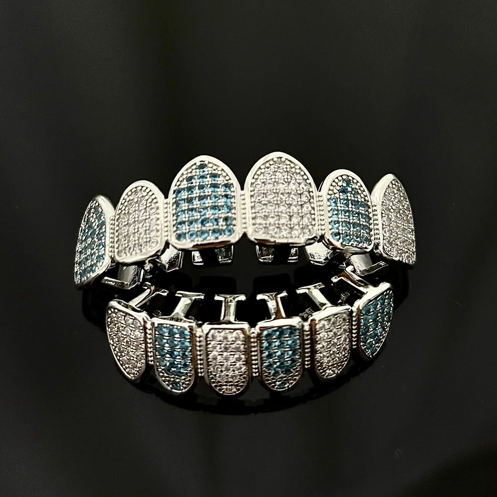 

RACHELZ Хип-Хоп 6/6 Синий Цвет Циркон Зубы Grillz Панк Верхняя Нижняя Полный CZ Камень Зубные Колпачки Для Женщин Мужчин Ювелирные Изделия Зубные Грили