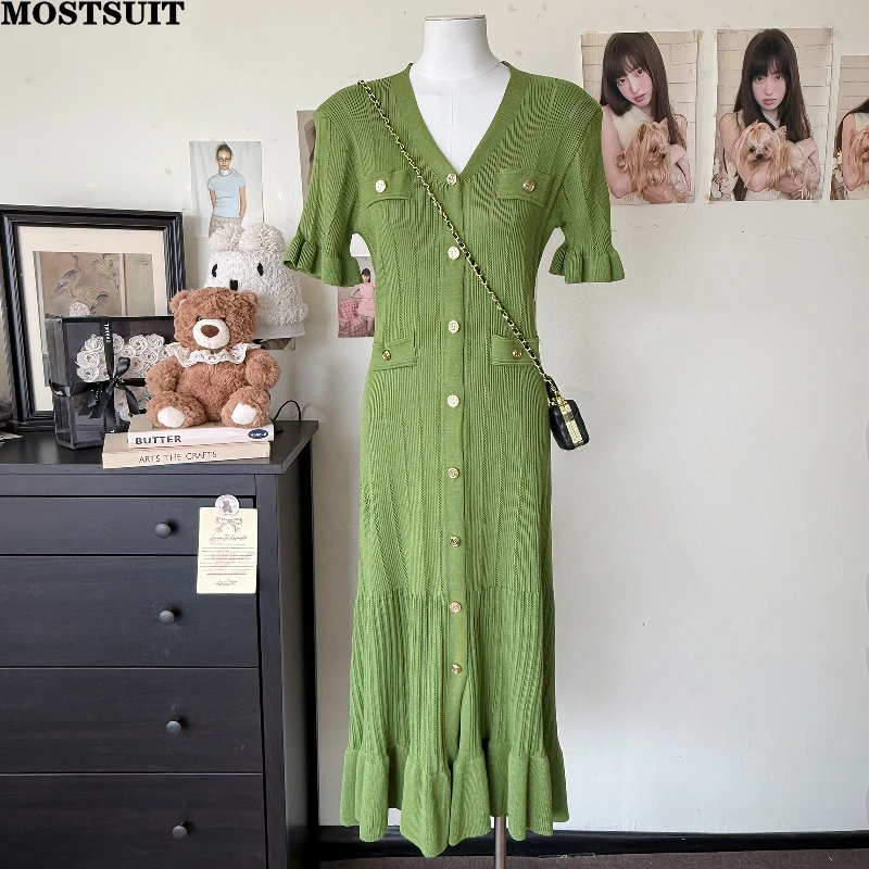 

Vintage Elegant Knit Long Maxi Dress Women Summer Short Sleeve V-neck Single-breasted Ruffles Dresses Fashion Chic Ladies Vestid