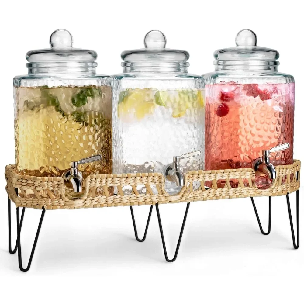 

Стеклянный диспенсер для напитков объемом 1,5 галлона для вечеринок, набор из 3 диспенсеров для напитков с подставкой, стеклянный кувшин для воды, с нержавеющей сталью 18/8.