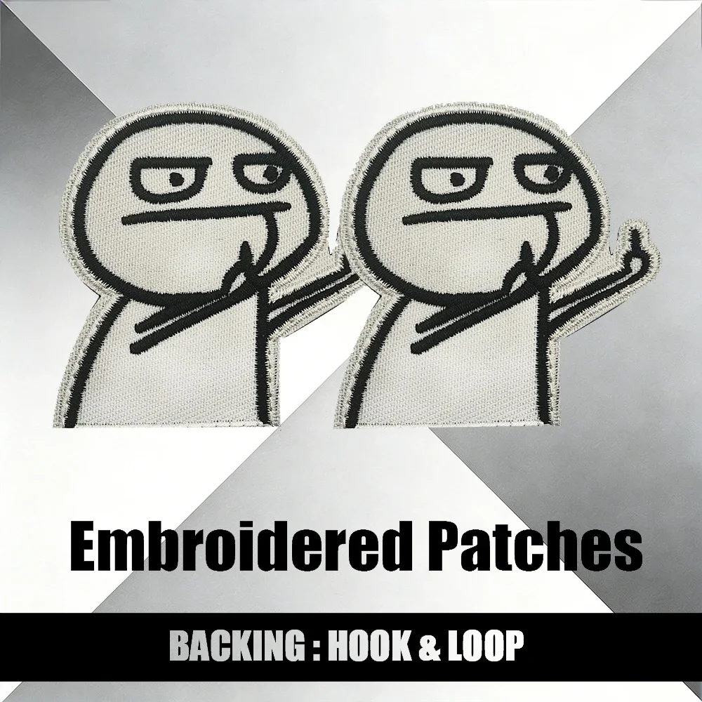 

Минималистичная вышитая нашивка с мультяшным персонажем: фигурки с жестом «палец вверх», черная линейная графика на крючках и петлях цвета экрю для одежды
