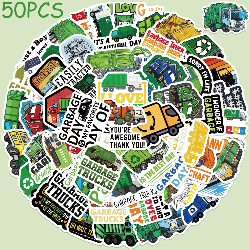 

50pcs Green Garbage Trucks Stickers Decals For Phone Laptop Water Cup Scrapbook Skateboard Cartoon Aesthetic Stickers Kids Gifts