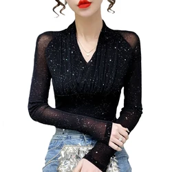 Shiny Bright silk Mesh Tops For Women Clothing Autumn Winter Long-sleeved Bottoming shirt V-neck Slim Pleated Black T shirt