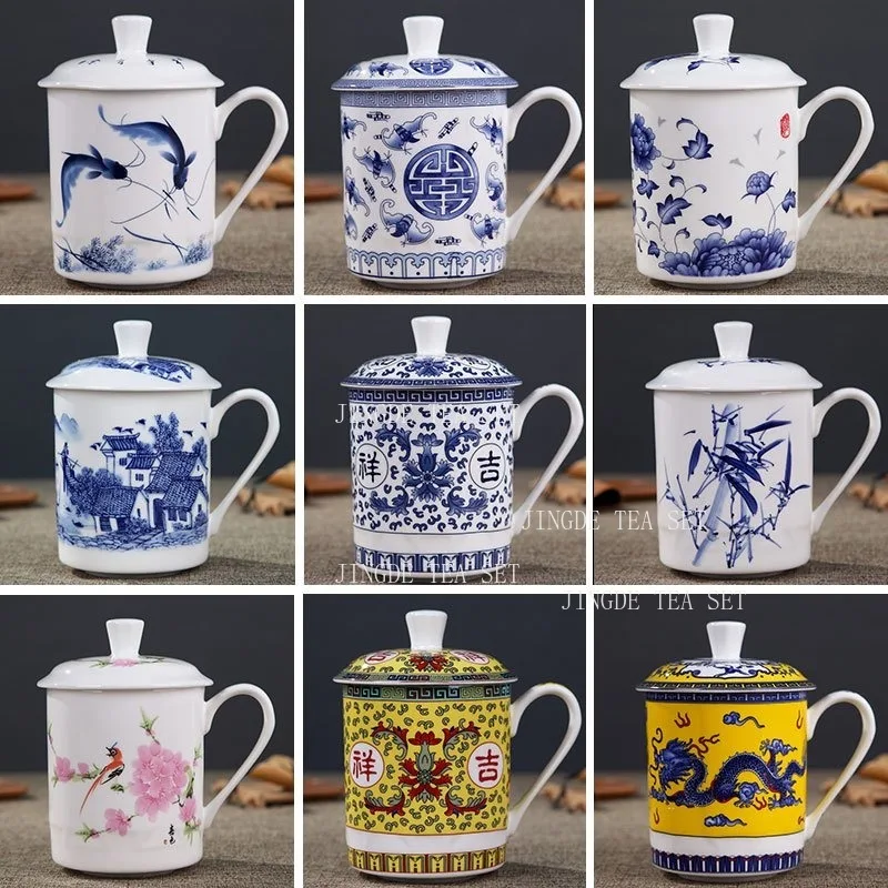 Chinese Blue and White Porcelain Mug with Lid Multiple Classic Oriental Patterns Ceramic Office Drinking Cup for Home Daily Use