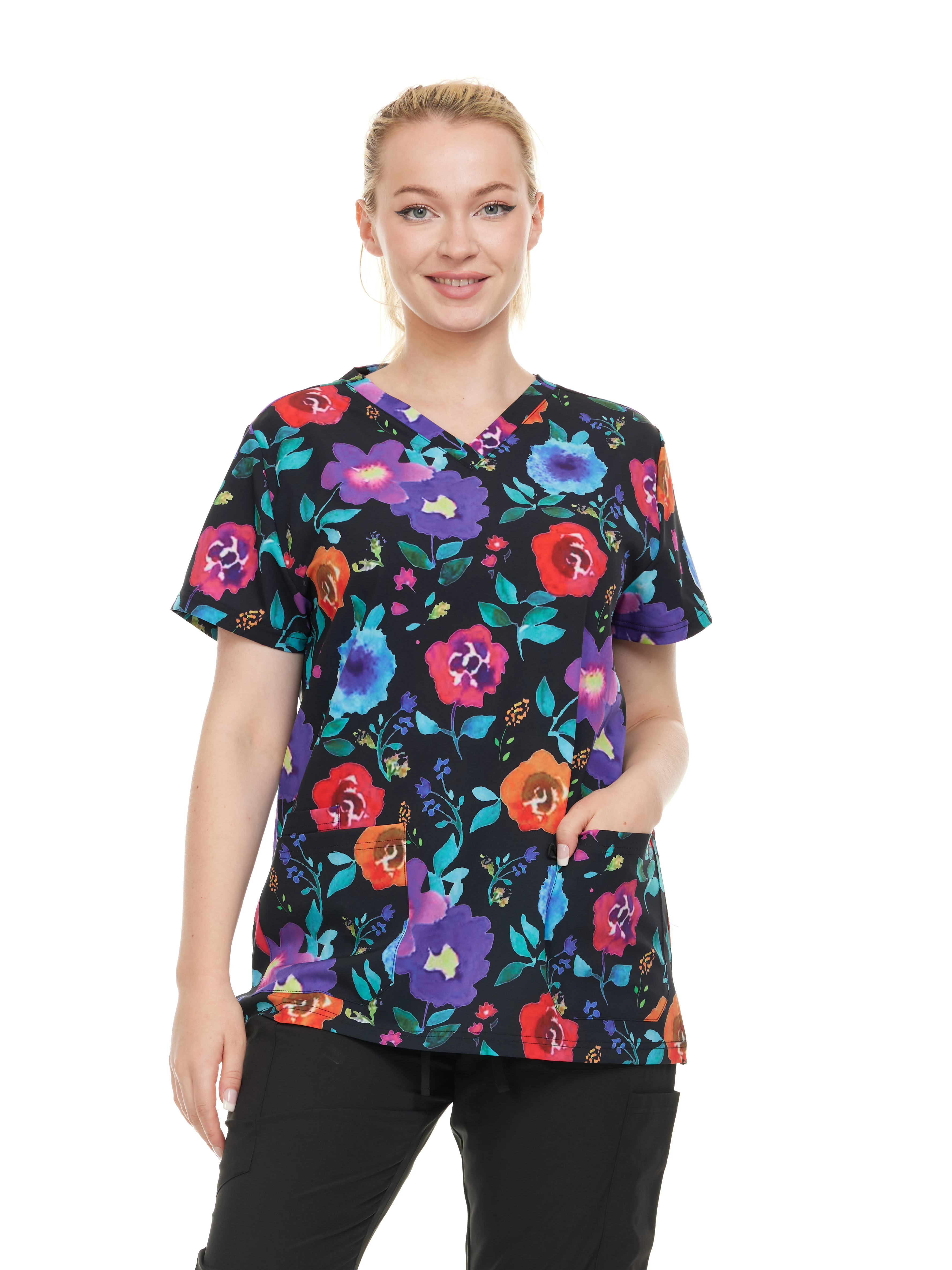 HEAL+WEAR Women's Scrub Top V-Neck Floral Print Multiple Convenient Pockets. 4-Way Stretch Spandex. Wrinkle-Resistant