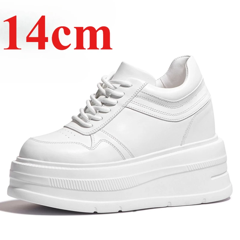 

Genuine Leather 14cm Elevator Shoes White Casual Board Shoes Women's Outdoor Chunky Sneakers Thick-soled Height Increasing Shoes