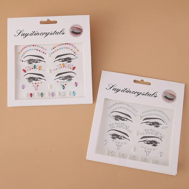 Pegatinas de tatuaje de perlas de diamantes de imitación acrílicas desechables DIY, maquillaje de Mascarada, decoración facial, pegatinas de ojos de