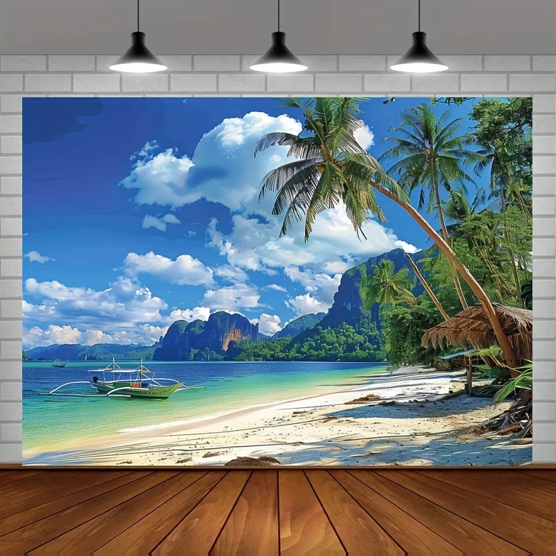 Summer Tropical Beach Backdrop - Vibrant polyester photo backdrop with palm trees, Hawaiian themed party decorations