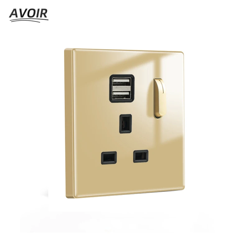 

Avoir 13A UK Power Socket Double USB Charger Gold Glass Panel Wall Universal Outlets With Piano Key Reset Switch LED Indicator