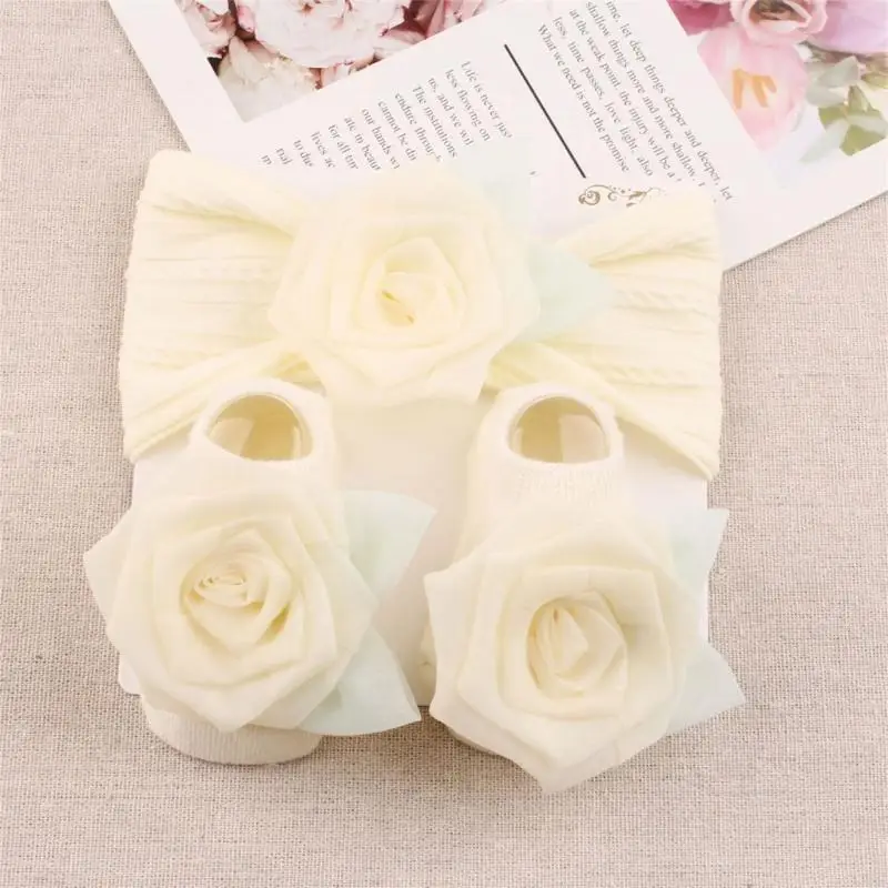 U13F الجوارب وعصابة الرأس لحديثي الولادة زوج من الجوارب المرنة والمريحة للأطفال وأغطية الرأس للجنسين جوارب الأطفال وعصابات الرأس #3