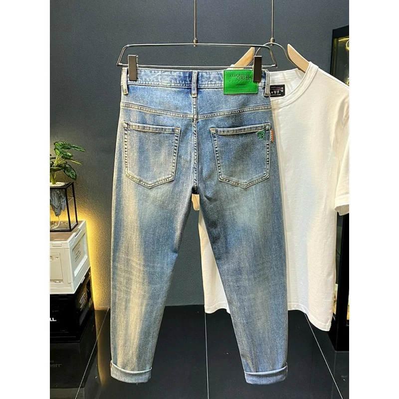 2024 new men jeans fashion high-end casual straight tube slim fit elastic versatile retro distressed washed printed denim pants