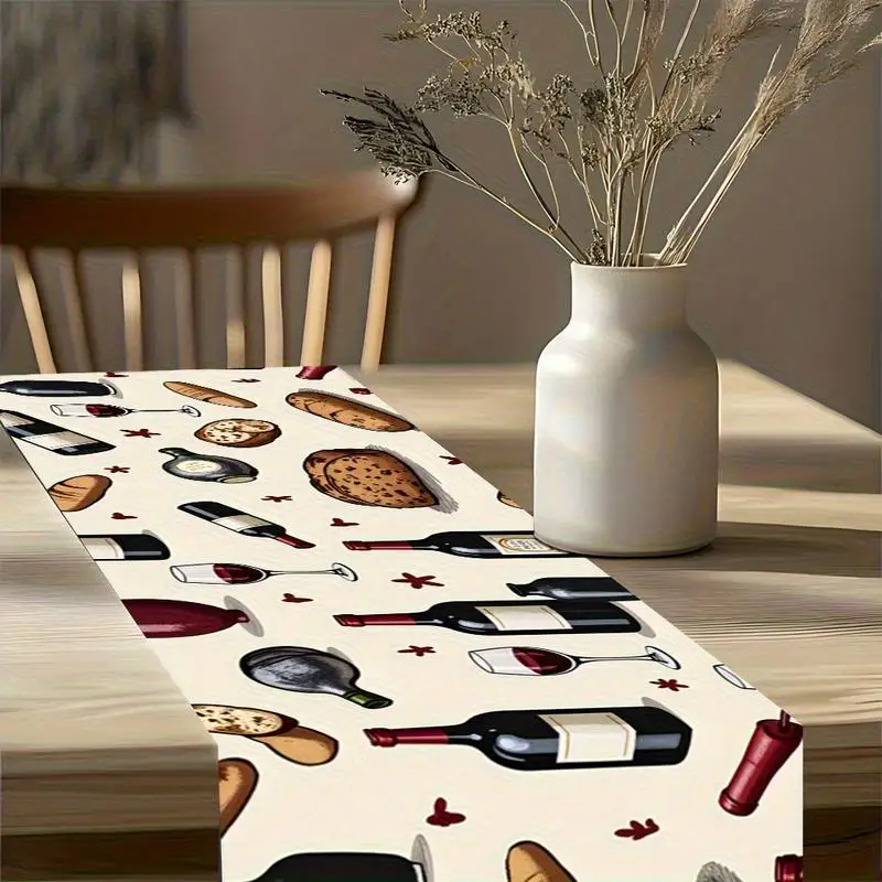 2D Flat Printing Wine and Bread Table Runner, Creative Wine Glass and Bread Pattern Polyester Dining Table Decor, Durable Table