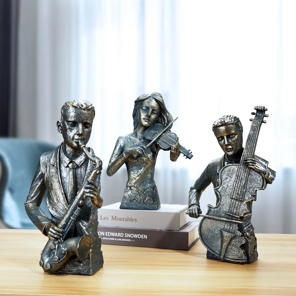 Resin Sculpture Distressed Metal Luster Band Violin Musical Instrument Musician Art Crafts Home Desktop Decoration