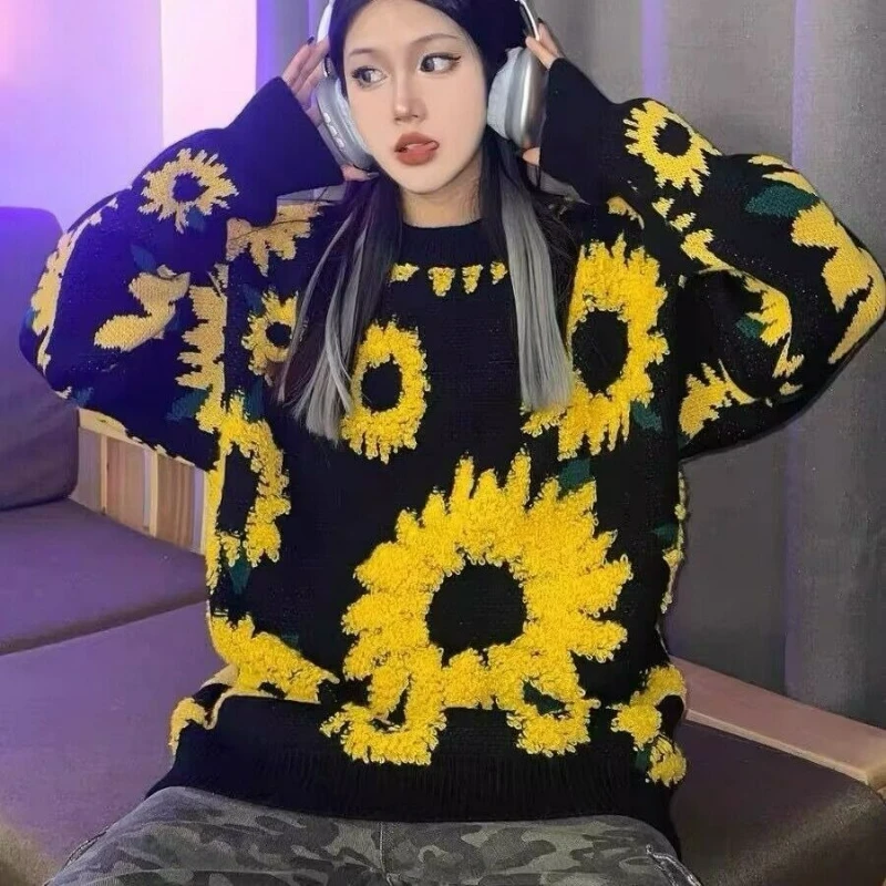 Nuovo stile di velluto allentato alla moda rilassato lavorato a maglia maglione caldo 2026 autunno/inverno girasole lavorato a maglia strato base donna Ins Top