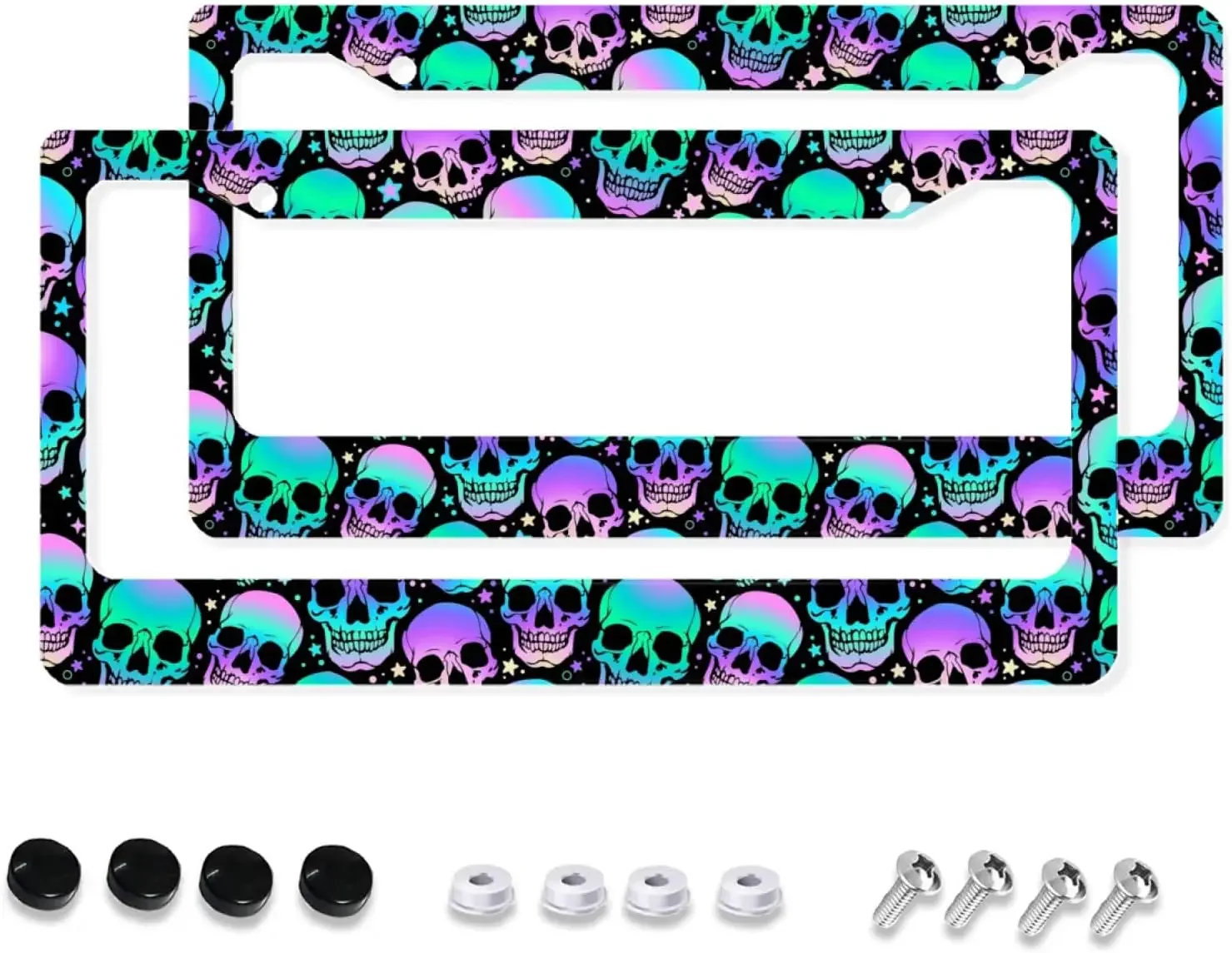 Colerful Skulls Pattern Car License Plate Frame 2 Pack License Plate with 2 Holes Car Tag Frame for Women Men US Vehicles