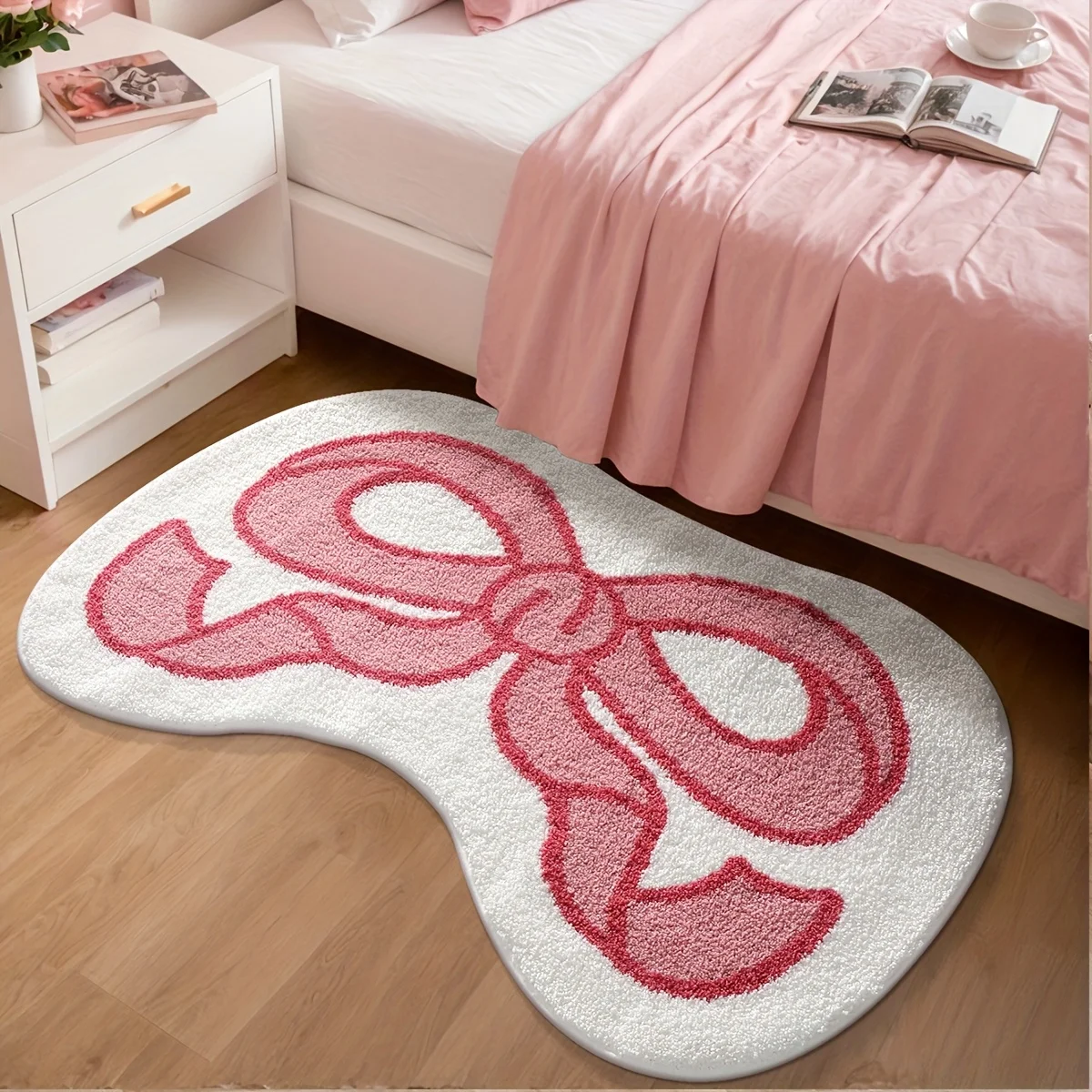1 Stück flauschiger Badteppich, extra weiche, saugfähige Badezimmermatte mit rosa Schleifen-Design, rutschfestes, bequemes, getuftetes Polyester TPR