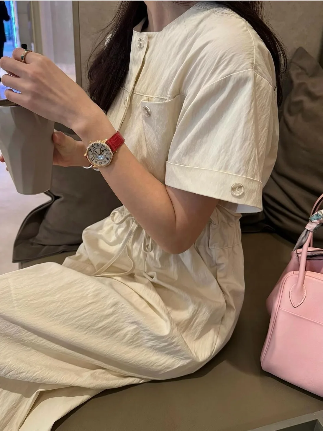 

Chic round Ne Dstring Waist ort Sve Dr Women's Faionable Commute Dr Dongda Gate New Summer 2025