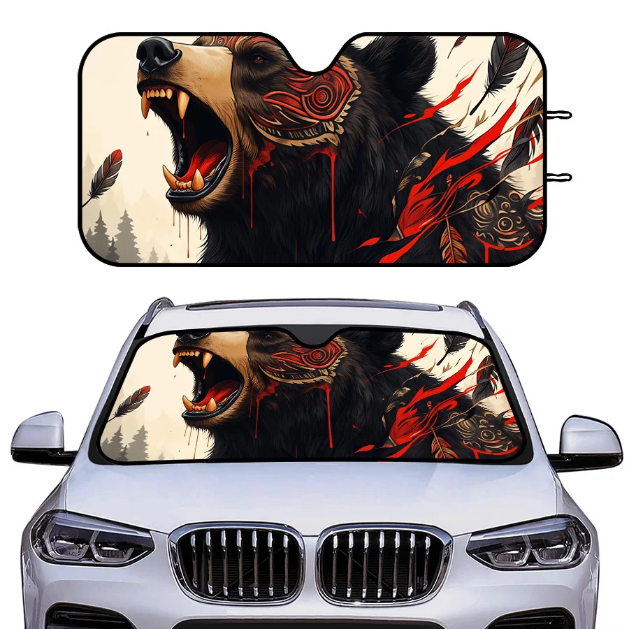 Multi-Functional Foldable Car Sunshade, 3 Sizes, Bear Totem And Feather Design, UV Protection For Front Windshield, Fits SUV Sed