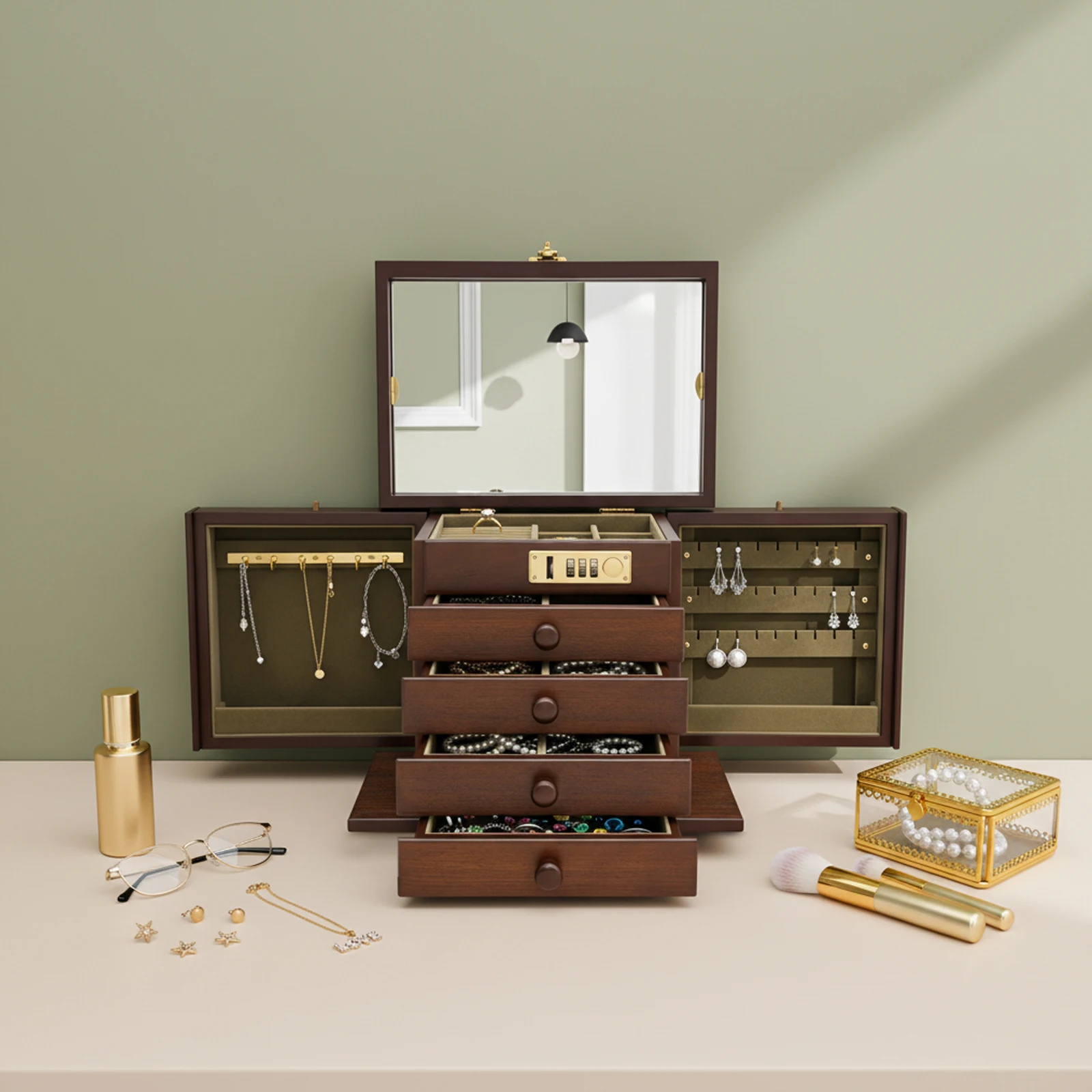 

Jewelry Storage Box, Antique Color Jewelry Box with Code Lock 5 Layers, 4 Drawer Large Capacity Organizer for Rings Earrings
