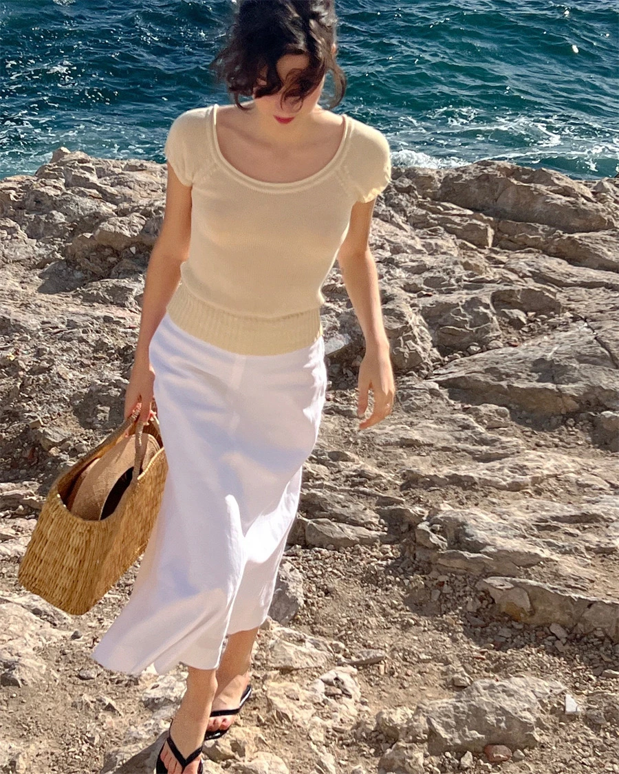 

Elegant Simple Knitted Soft Short Sleeve Large round Neck Versatile Commute Top Women's Nylon Summer Thin Knitwear
