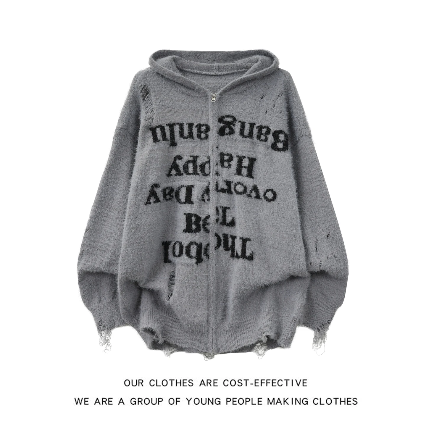 

American Letter Embroidery Men's Street Loose Casual Retro Hole Knitted Sweater Jaet Hoodie Spring Autumn Warm Thi Long S...