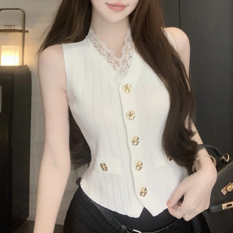 

Korean Fashion Knitted Vest Single Breasted Women's Tank Top 2025 Summer Sleeveless Patchwork Lace Shirt