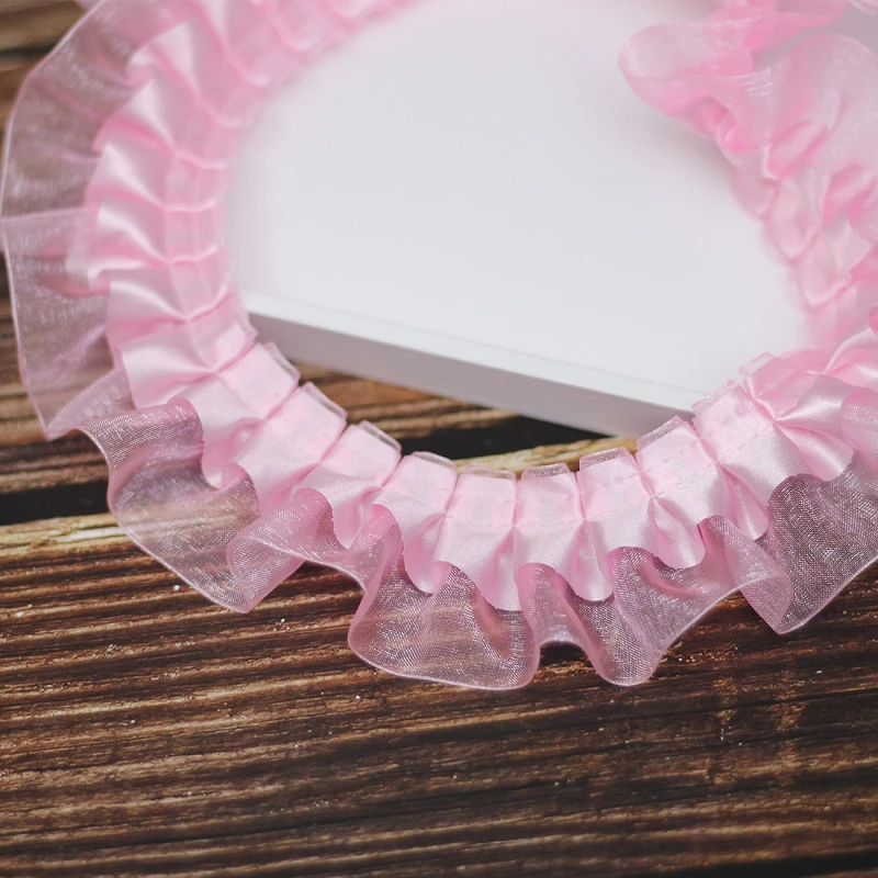 

30Meters Wedding Dress Costume Decor Fabric Lace Embroidery Pink Sewing Textile Pleated Ruffle Edge Organza Tulle Trimming