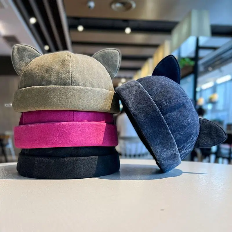 

Cute Cat Ears Docker Cap Brimless Hat Personality Denim Solid Color Landlord Hat Retro Washed Hip Hop Skullcap Unisex Beanie Cap