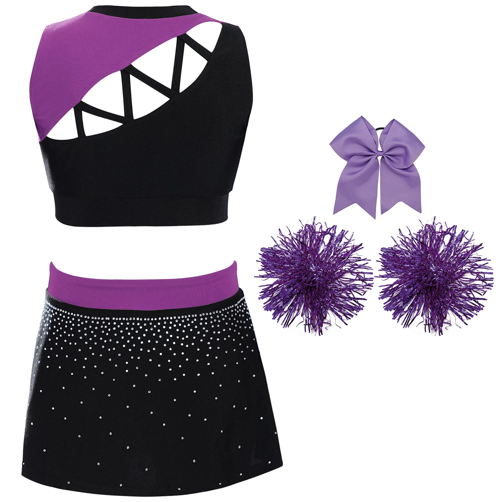 Strój do cheerleadingu dla dziewczynek, kolorowy, z regulowanym topem, dopasowaną spódniczką i ozdobnymi pomponami na głowie.