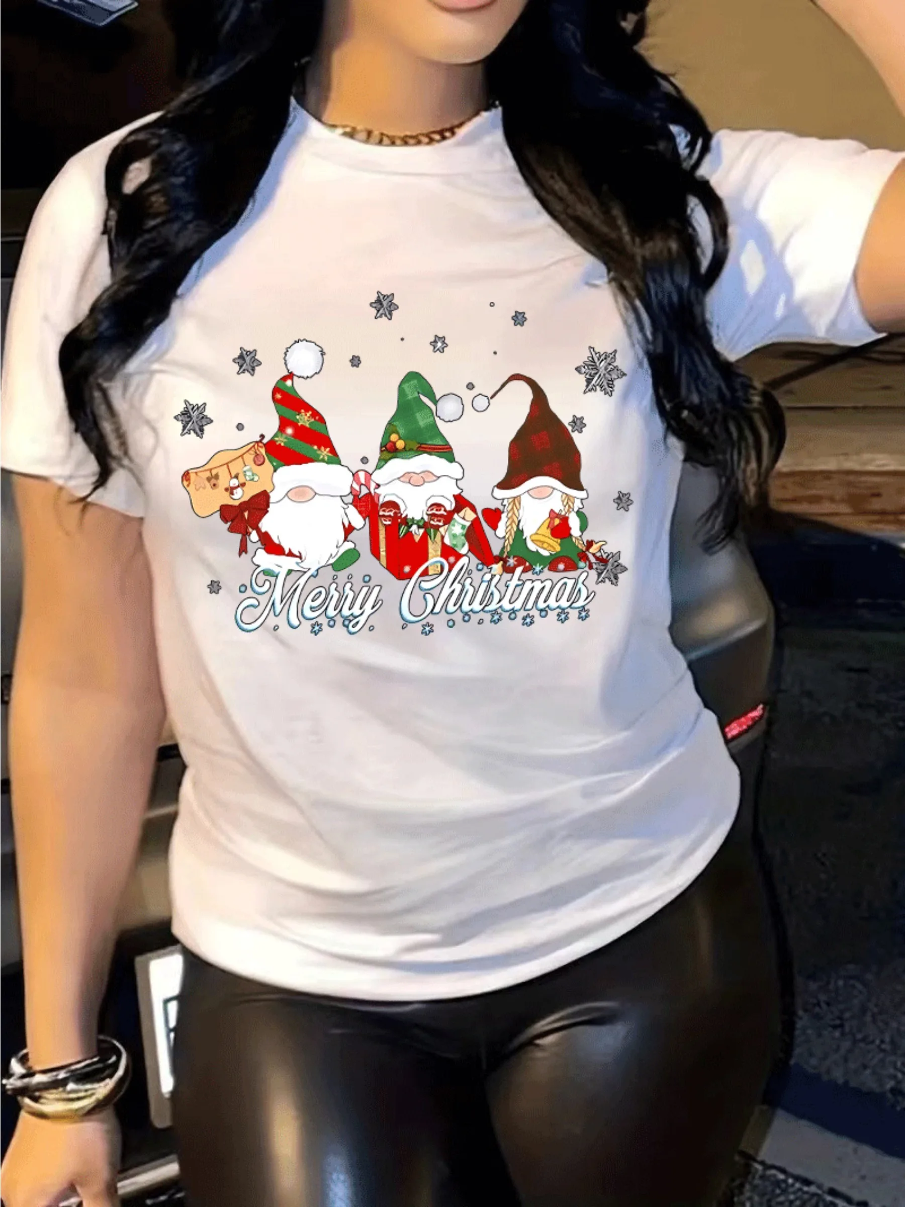 Women's Christmas Graphic Print Short Sleeve T-Shirt Casual Round Neck Tee with Santa Claus Snowflakes Merry Christmas Design