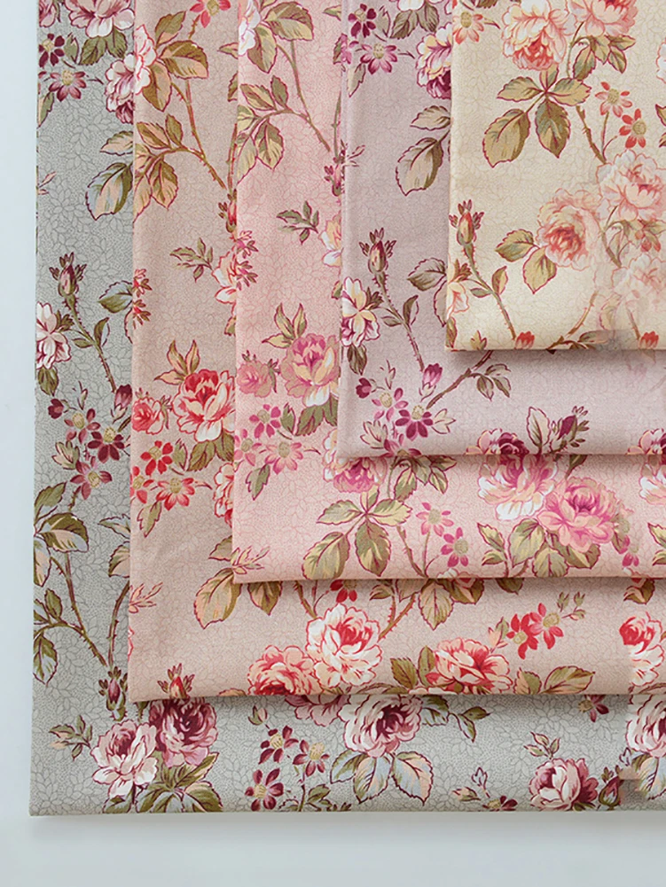 Rose Printed Fabric Pure Cotton Handmade DIY Patchwork Plant Flower Cloth Digital Printing by Half Meter