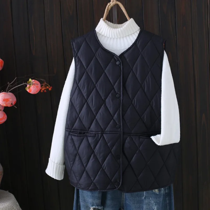 2022 Autumn Padded Vest Jacket Plus Size Women Clothing Loose Fit Argyle Parkas Casual Fashion Sleeveless Coat