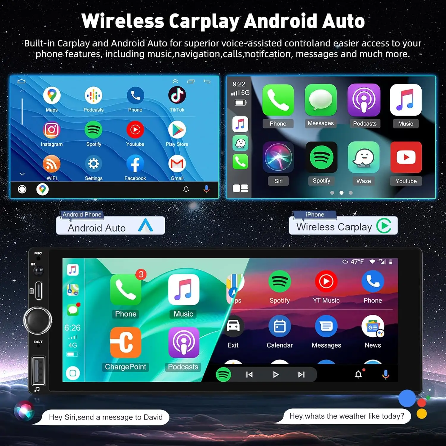 ستيريو سيارة بشاشة لمس 6.86 بوصة مع CarPlay Wireless Android Auto، Bluetooth، FM، USB-C، AUX، TF، EQ، كاميرا احتياطية