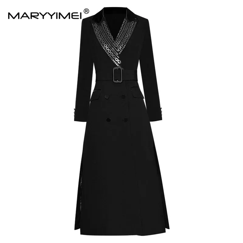 

MARYYIMEI Fashion Designer Long Windbreaker Coat Long sleeve turn-down collar Rivet Belt Double breasted Windbreaker Coat